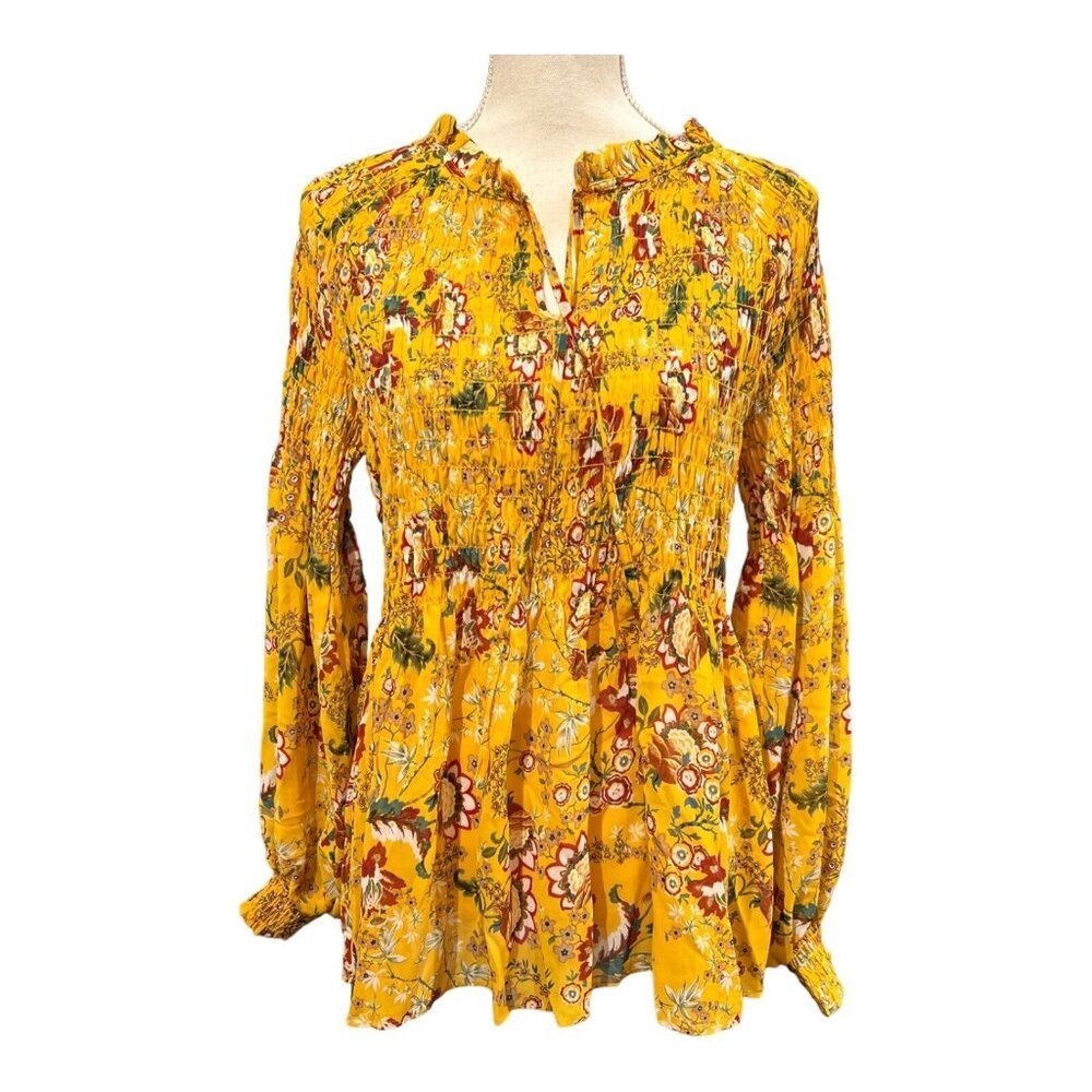 Rose & Olive Top Yellow Floral Smocked‎ Peasant Tunic Size M Spring Boho Resort